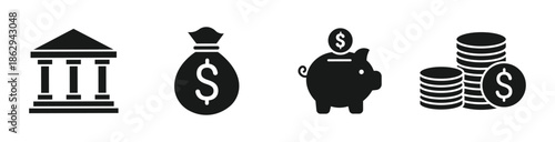 Finance and money icon set in outline and silhouette style, including bank, money bag, piggy bank and coin stack symbols, vector illustration.