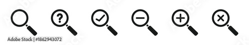 Search and zoom icon set in outline and silhouette style, including magnifier, plus, minus, check, question and close symbols, vector illustration.