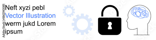 Data security, mental health, artificial intelligence, technology, privacy protection, problem-solving. Black lock, gears human brain with lines inside it. Data security and mental health theme