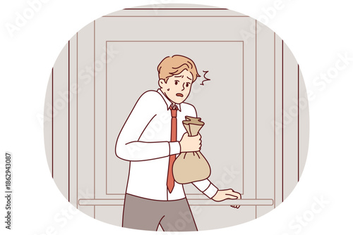 Business man stole bag of money hurries to exit, stands near door and experiences fear of being caught. Guy stole valuable things, trying to hide or run away from police arrived at crime scene