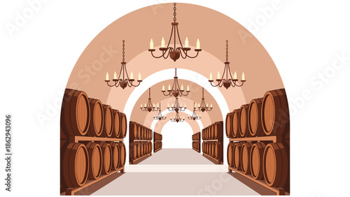 Traditional arched wine cellar showcasing rows of neatly stacked wooden oak barrels, illuminated by classic chandeliers, creating an authentic atmosphere.