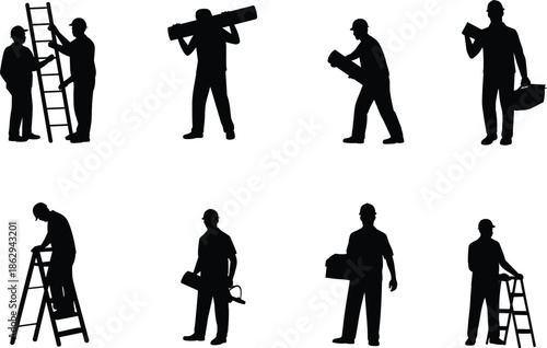 Construction worker silhouettes set showing builders with tools, ladders and equipment isolated on white background for industry design projects