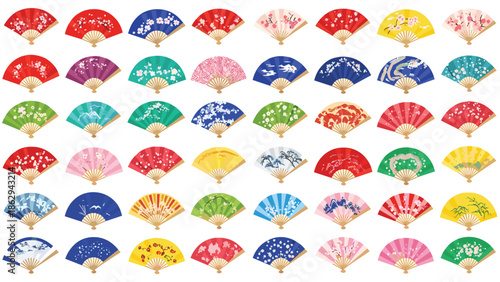 Vast array of beautifully patterned traditional Japanese folding fans, showcasing diverse cultural designs and colors in a neat grid display.