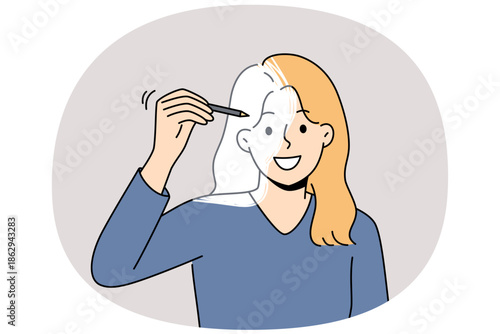 Woman draws own image with pencil, symbolizing self-development and desire to become better. Girl is interested in techniques for self-development and changing psychological state to achieve success