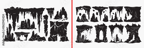 cave silhouette vector, rock formation illustration, underground cave artwork, natural cave shapes, cliff rock silhouettes, fantasy cave
