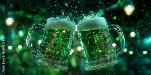 Two glass beer mugs filled with green beer collide mid-air creating a dynamic splash and foam explosion, illuminated by glowing green bokeh lights, perfect for St. Patrick’s Day, celebration and party