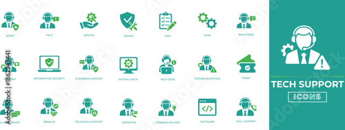 Tech support icon set. Includes IT Support, Help Desk, Troubleshooting, Cybersecurity, Customer Suppor, and more. Perfect for IT, software, web, apps, and infographics.
