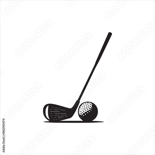 Black and white minimalist golf club and golf ball illustration isolated on white background