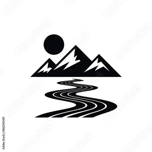 Simple black and white illustration of mountains river and rising sun