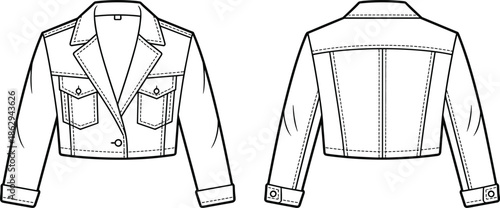 Cropped denim jacket technical fashion illustration showing front and back views with stitching details isolated on white background apparel design