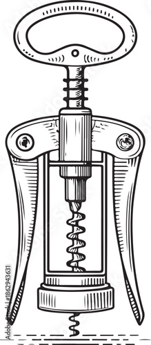 Bottle opener corkscrew Hand-drawn Sketch Drawing Vector Illustration, Line Linear Symbol Engraving Coloring Book, Black and White Isolated