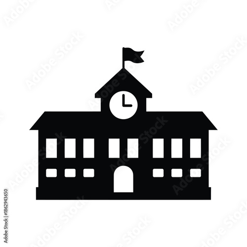 A simple black silhouette of a classic school building with a clock