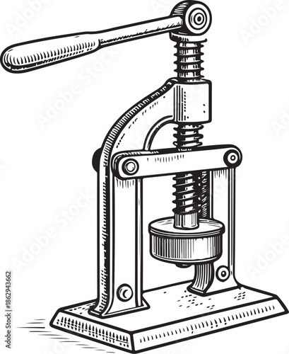 Bottle capper and winemaking Hand-drawn Sketch Drawing Vector Illustration, Line Linear Symbol Engraving Coloring Book, Black and White Isolated
