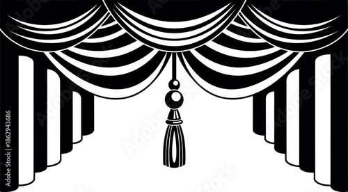 Black and white illustration of a draped curtain with tassel