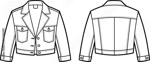 Denim jacket technical fashion drawing showing front and back views with detailed stitching isolated on white background apparel design illustration
