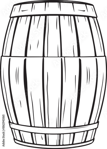 wine barrel (oak barrel) Hand-drawn Sketch Drawing Vector Illustration, Line Linear Symbol Engraving Coloring Book, Black and White Isolated