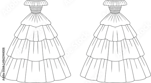 Elegant ball gown technical fashion illustration showing layered ruffle dress front and back views isolated on white background apparel design drawing