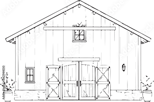 Winery building Hand-drawn Sketch Drawing Vector Illustration, Line Linear Symbol Engraving Coloring Book, Black and White Isolated