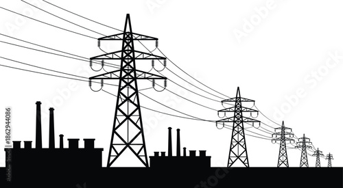 Electric power transmission towers with industrial factory silhouettes high voltage lines energy infrastructure illustration isolated on white background vector design