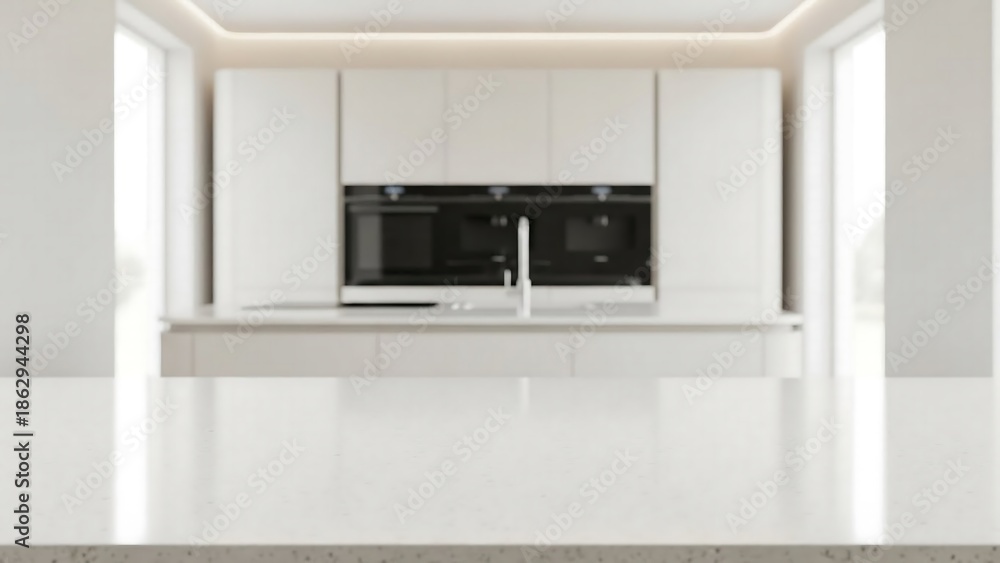 Fototapeta premium Ivory quartz kitchen tabletop front view, blurred modern kitchen background, interior photography for luxury lifestyle branding and product mockup