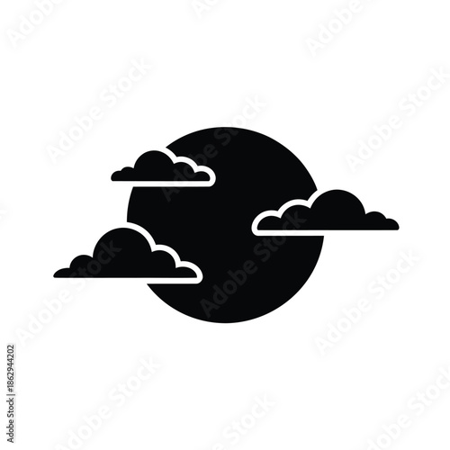 Simple black and white illustration of a full moon with surrounding clouds
