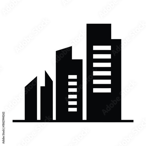 Simple black and white illustration of a modern city skyline