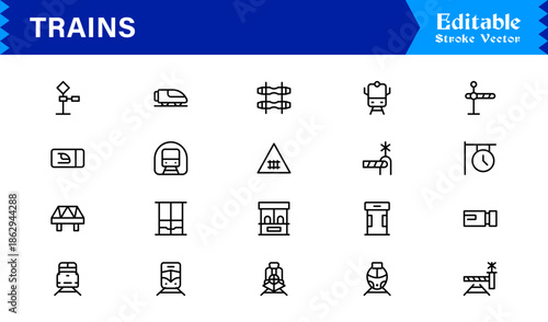Modern Train Line Icon Collection Featuring Minimal Locomotive and Rail Elements, Unique Vector Design with Professional Quality for Transport, Travel, and Infrastructure