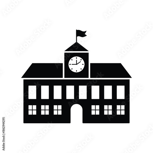Simple black silhouette of a school building with a clock tower