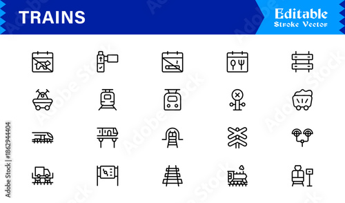 Modern Train Line Icon Collection Featuring Minimal Locomotive and Rail Elements, Unique Vector Design with Professional Quality for Transport, Travel, and Infrastructure