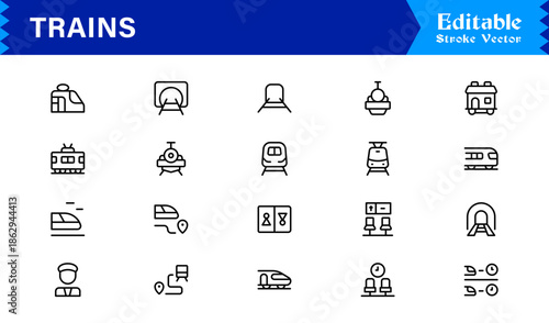 Modern Train Line Icon Collection Featuring Minimal Locomotive and Rail Elements, Unique Vector Design with Professional Quality for Transport, Travel, and Infrastructure