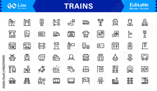 Modern Train Line Icon Collection Featuring Minimal Locomotive and Rail Elements, Unique Vector Design with Professional Quality for Transport, Travel, and Infrastructure