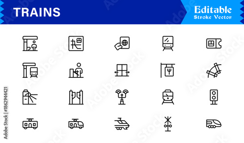 Modern Train Line Icon Collection Featuring Minimal Locomotive and Rail Elements, Unique Vector Design with Professional Quality for Transport, Travel, and Infrastructure