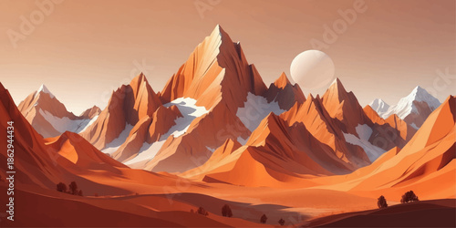 Majestic Himalayan mountain peak at sunset and sunrise with snow covered rocks and a panoramic view of the alpine landscape under a glowing sky in winter