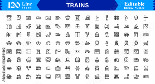 Modern Train Line Icon Collection Featuring Minimal Locomotive and Rail Elements, Unique Vector Design with Professional Quality for Transport, Travel, and Infrastructure