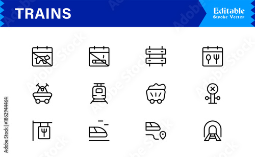 Modern Train Line Icon Collection Featuring Minimal Locomotive and Rail Elements, Unique Vector Design with Professional Quality for Transport, Travel, and Infrastructure