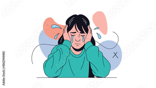 Distressed woman in a green sweater crying with her hands on her head while surrounded by abstract shapes and symbols of sadness and emotional pain.