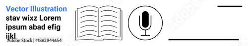 Education, publishing, media content, knowledge sharing, digital voice, creativity. Open book near a microphone icon. Knowledge sharing and education illustrated with simple icons