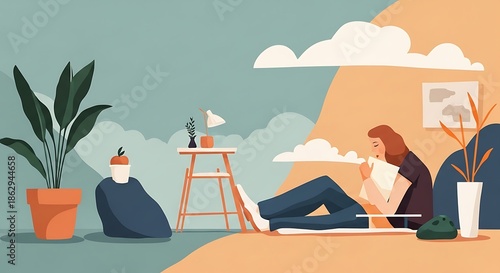 Relaxing indoor scene with a person enjoying quiet solitude amidst natural elements and a cozy