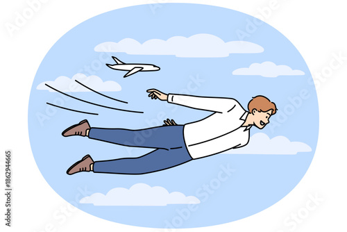Man flies in sky, going on business travel and striving for leadership on corporate career ladder. Business person in airplane pose, inspired to do impossible and be best employee of company