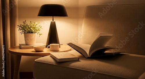 Relaxing indoor scene with a warm table lamp illuminating an open book, a drink, and a plant next