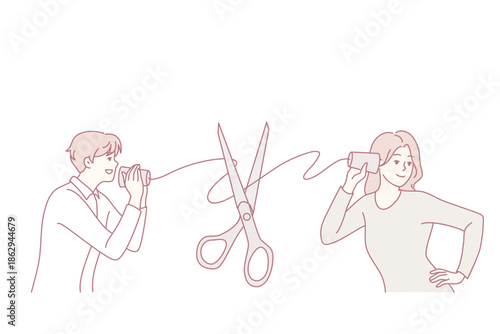 Man and woman with handmade cups hearing device suffer from bad communication. Scissors cut thread connecting couple talking. Vector illustration.