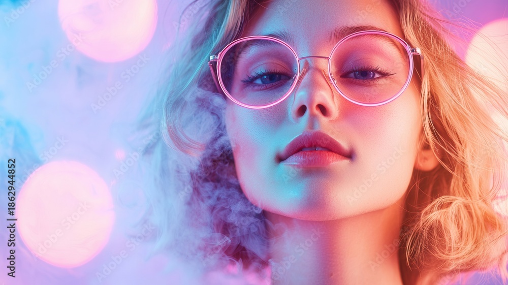 Fototapeta premium Stylish young woman wearing trendy blue sunglasses in vibrant pink and blue neon creating aesthetic modern smoke