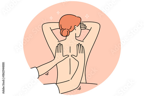 Woman attends massage treatments in SPA salon, lying with bare back and enjoying rejuvenation therapy. Hands of massage specialist kneading skin of relaxed girl, is tired after difficult work week