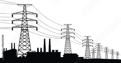 High voltage electric transmission towers with industrial factory silhouettes power lines energy infrastructure illustration isolated on white background vector artwork