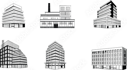 Modern architectural building line art collection, urban commercial structures, black and white vector illustration set, city office exterior design