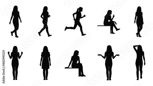 Collection of diverse female silhouettes showing various dynamic poses and activities
