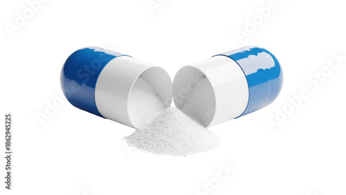 Capsule broken with scattered white powder representing medicine