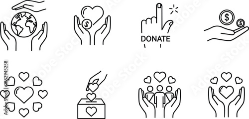 Charity, donation, care, support, hands, heart, globe, money, box, people, symbol, kindness, community, love, protection, gesture, icon, silhouette, illustration, awareness - flavector