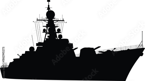 Modern naval warship silhouette military destroyer battleship defense force maritime security illustration isolated on white background navy vector design