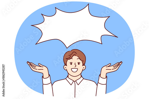 Happy business man offering good idea or communicating profitable offer, standing under empty dialogue cloud. Laughing businessman happily spreads arms to sides, showing copy space for your idea